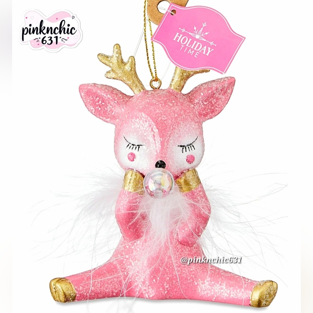 Pink Glitter Vintage Inspired Reindeer Blowing A Bubble Christmas Ornament
